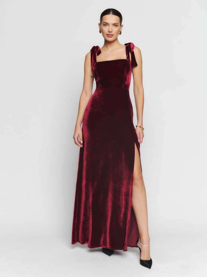 velvet dark wine red wedding dresses with bow tie shoulder straps