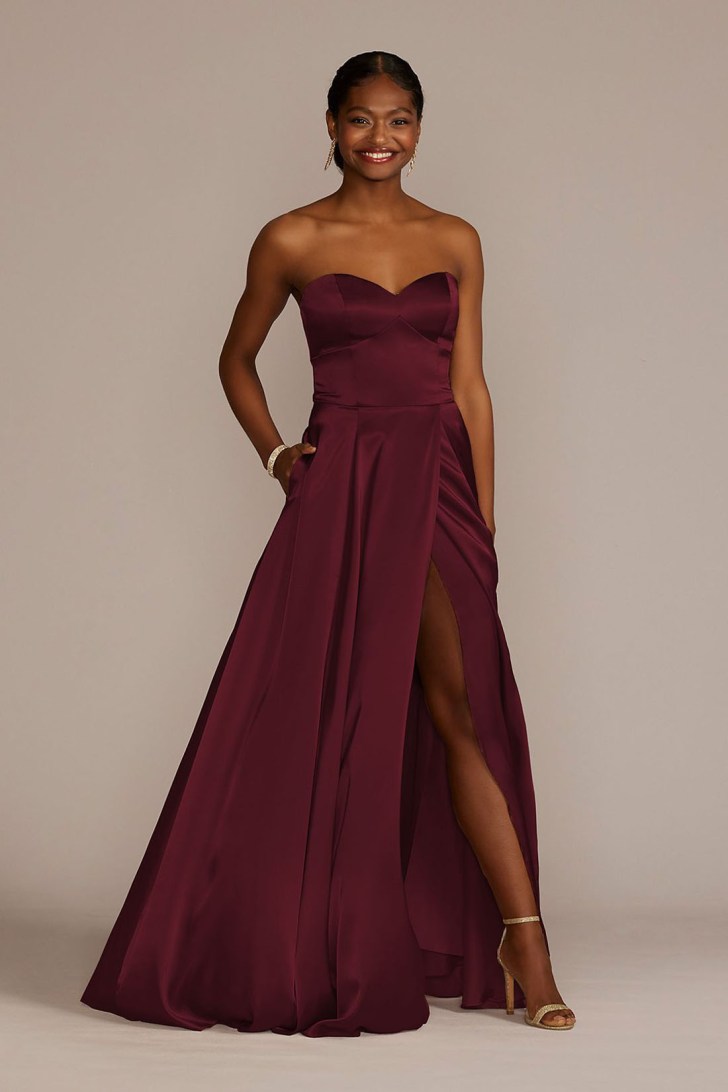 Davids Bridal charmeuse satin strapless corset wine red wedding dresses