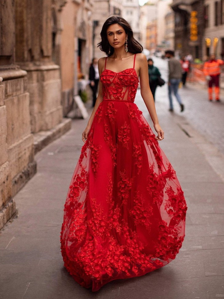 floral applique sheer corset bodice sexy red wedding dresses