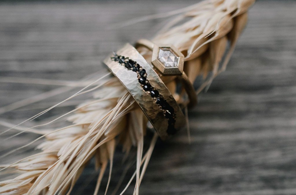 hammered mens wedding bands with meteorite inlay