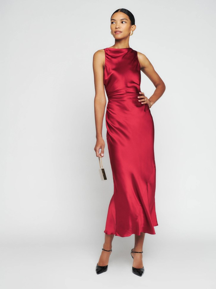 high neck silk ankle length dark red wedding dresses