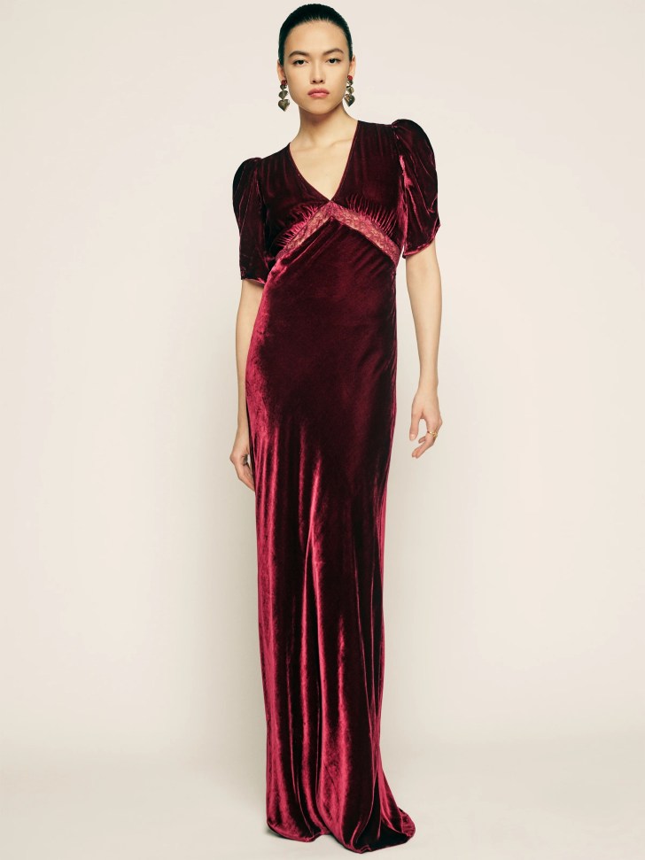 romantic long v-neck dark wine velvet red wedding dresses with vintage inspired balloon sleeves