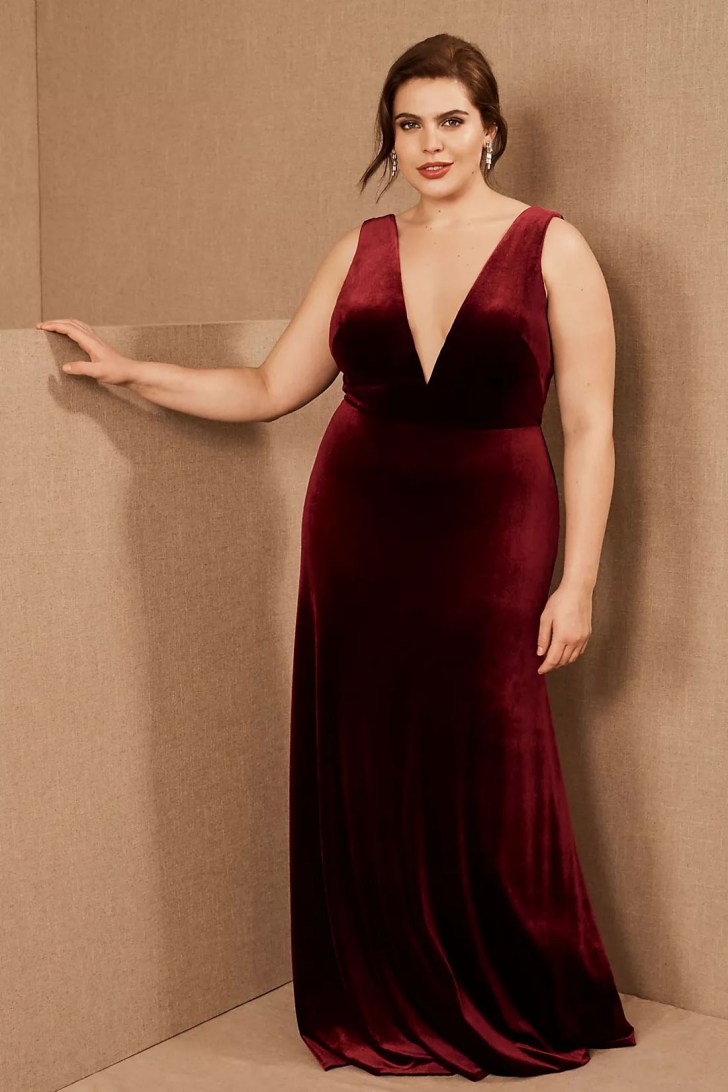 size inclusive plunging v-neck burgundy wine hued velvet sexy red wedding dresses