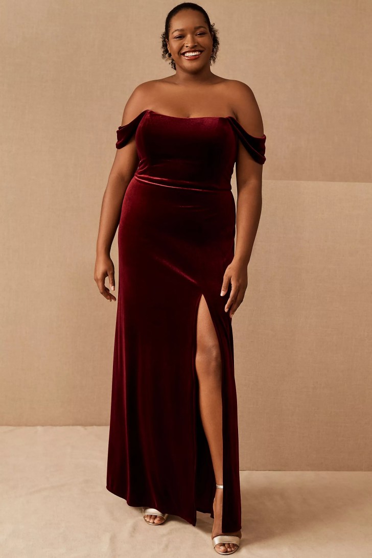 size-inclusive romantic off-the-shoulder wine hued velvet red wedding dresses