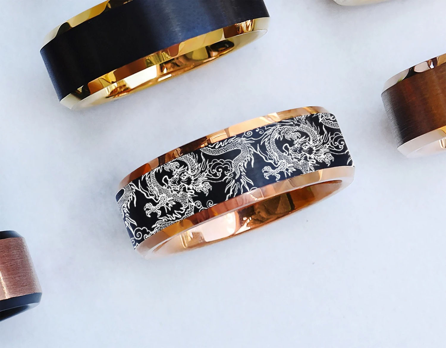 unique mens tungsten wedding bands with white dragons engraved on them